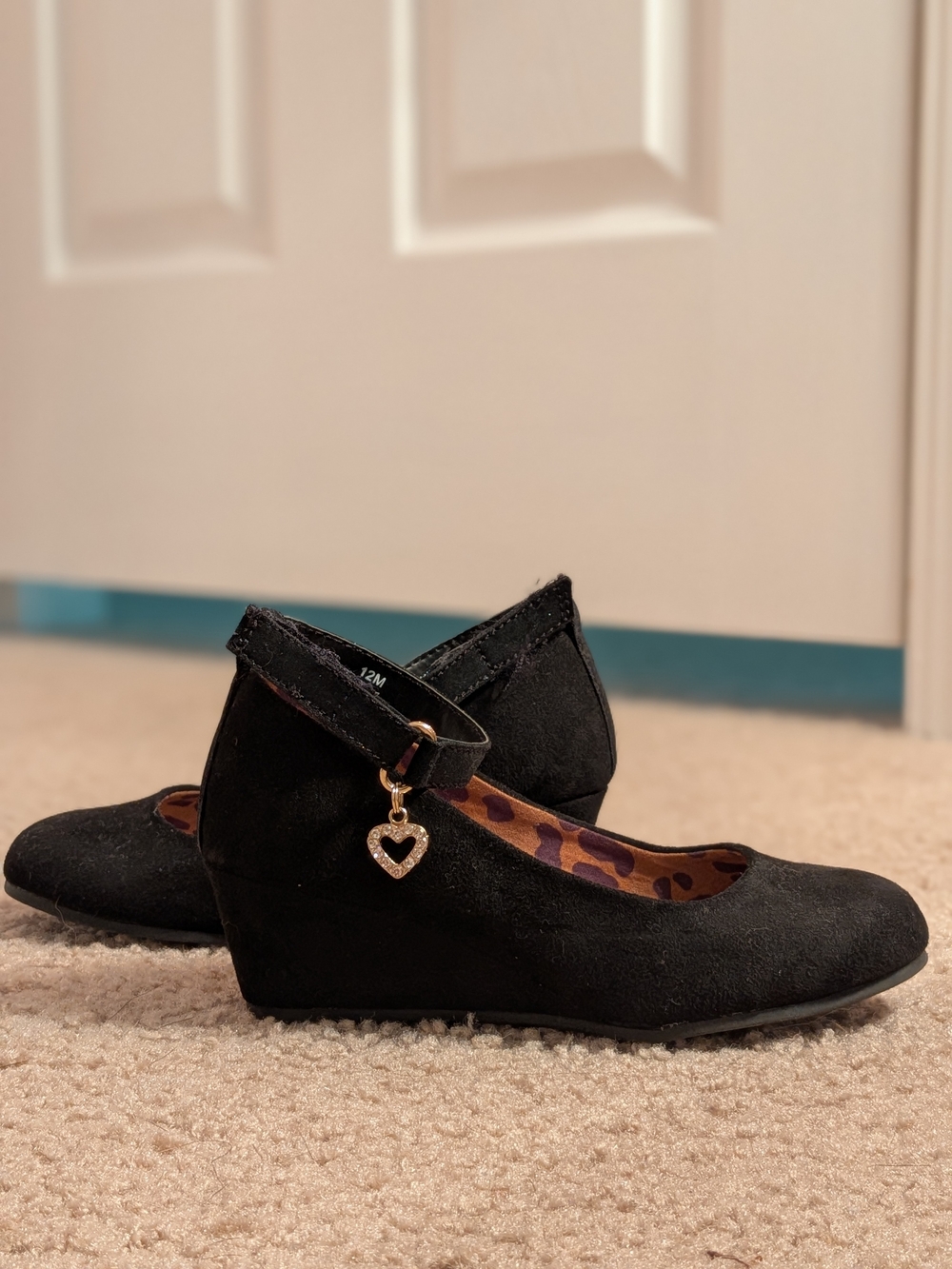 Black Wedge Mary Jane Flats with Heart Charm